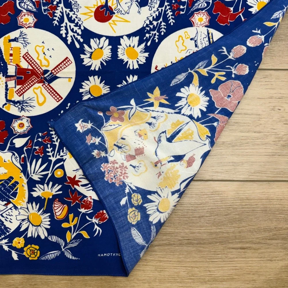 Vintage Swedish Bandanna Scarf Ahrnebergs AB Hand Printed Blue Folk Art 25